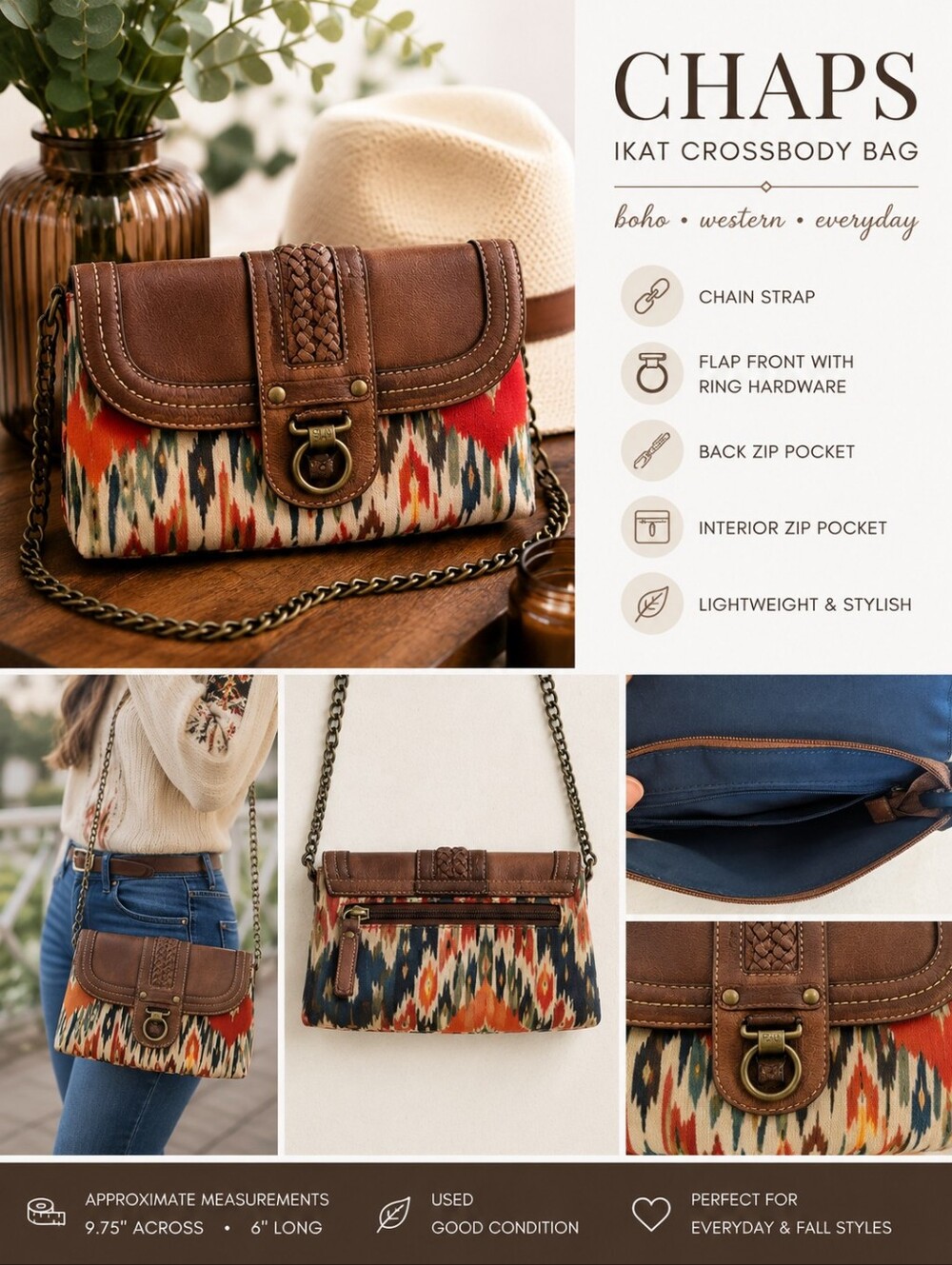 CHAPS Ikat Crossbody Bag Brown Faux Leather Chain Strap Boho Western Purse